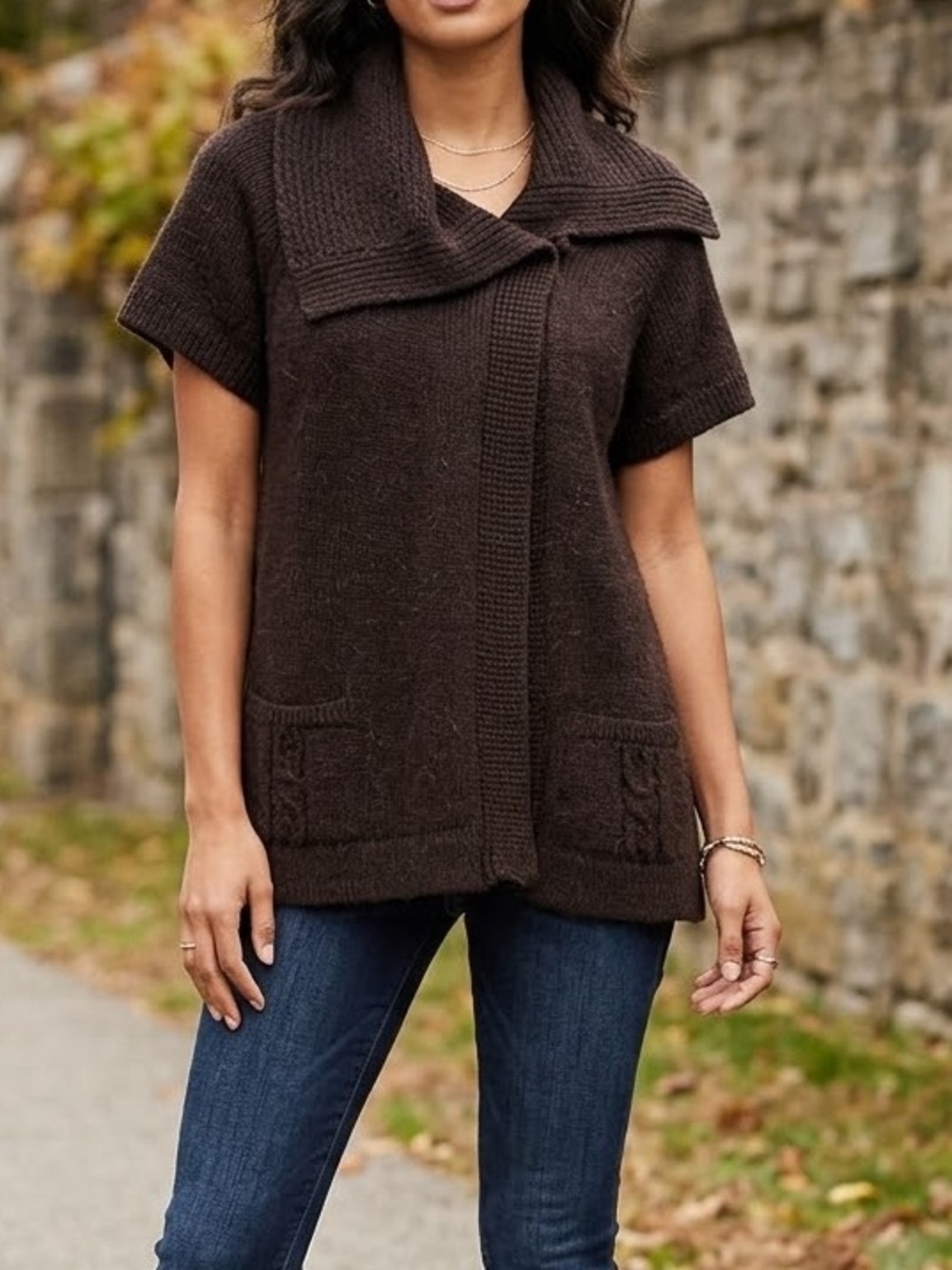 Fall Cozy Wool Blend Shawl-Collar Short-Sleeve Sweater Jacket - Chocolate Brown